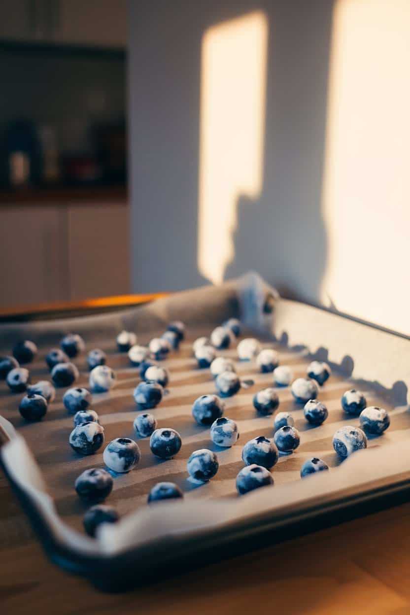An indoor baking sheet lined with parchment, scattered with frozen yogurt-coated blueberries; soft side lighting; no text or logos.