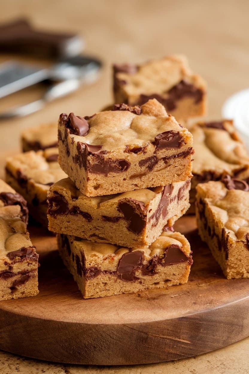 Indoor photo of square blondies stacked on a wooden board, visible caramelized edges and chocolate chunks, no text or logos.
