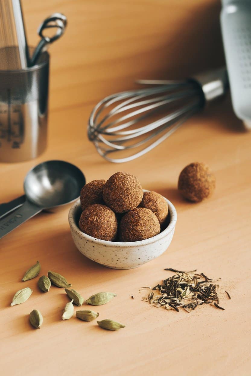 Indoor kitchen counter with warm-toned protein balls rolled in cinnamon, cardamom pods and loose tea leaves beside them. No text or logos. Photo only.