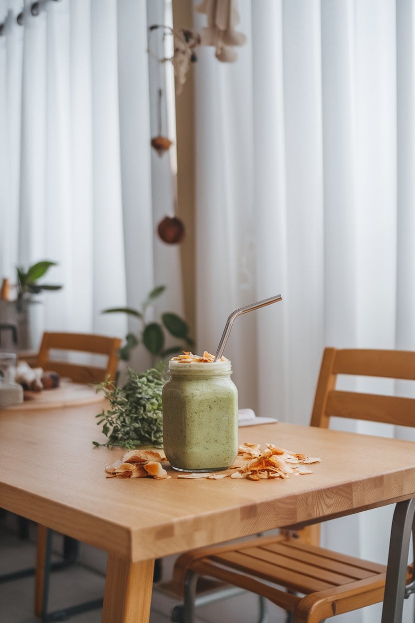Indoor breakfast nook displaying a thick green smoothie in a glass jar, topped with toasted coconut flakes, straw angled, no text or logos. Photo