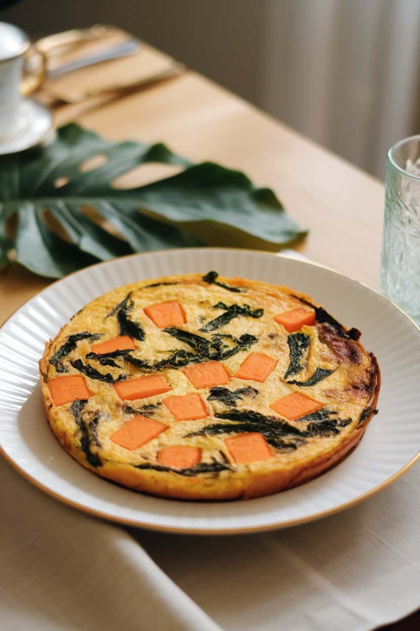 Indoor dining table with a wedge of golden frittata showing sweet potato cubes and kale ribbons, served on a simple white plate. No text or logos, photo not illustration.