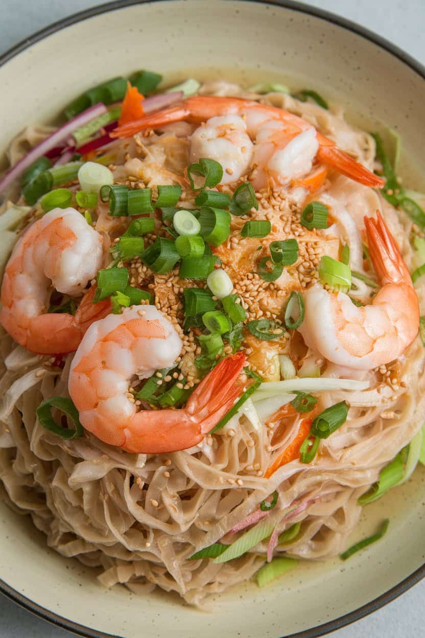 Indoor plate showing chilled noodles, pink shrimp, shredded vegetables, and sesame seeds with a light dressing gleam. No text or branding.