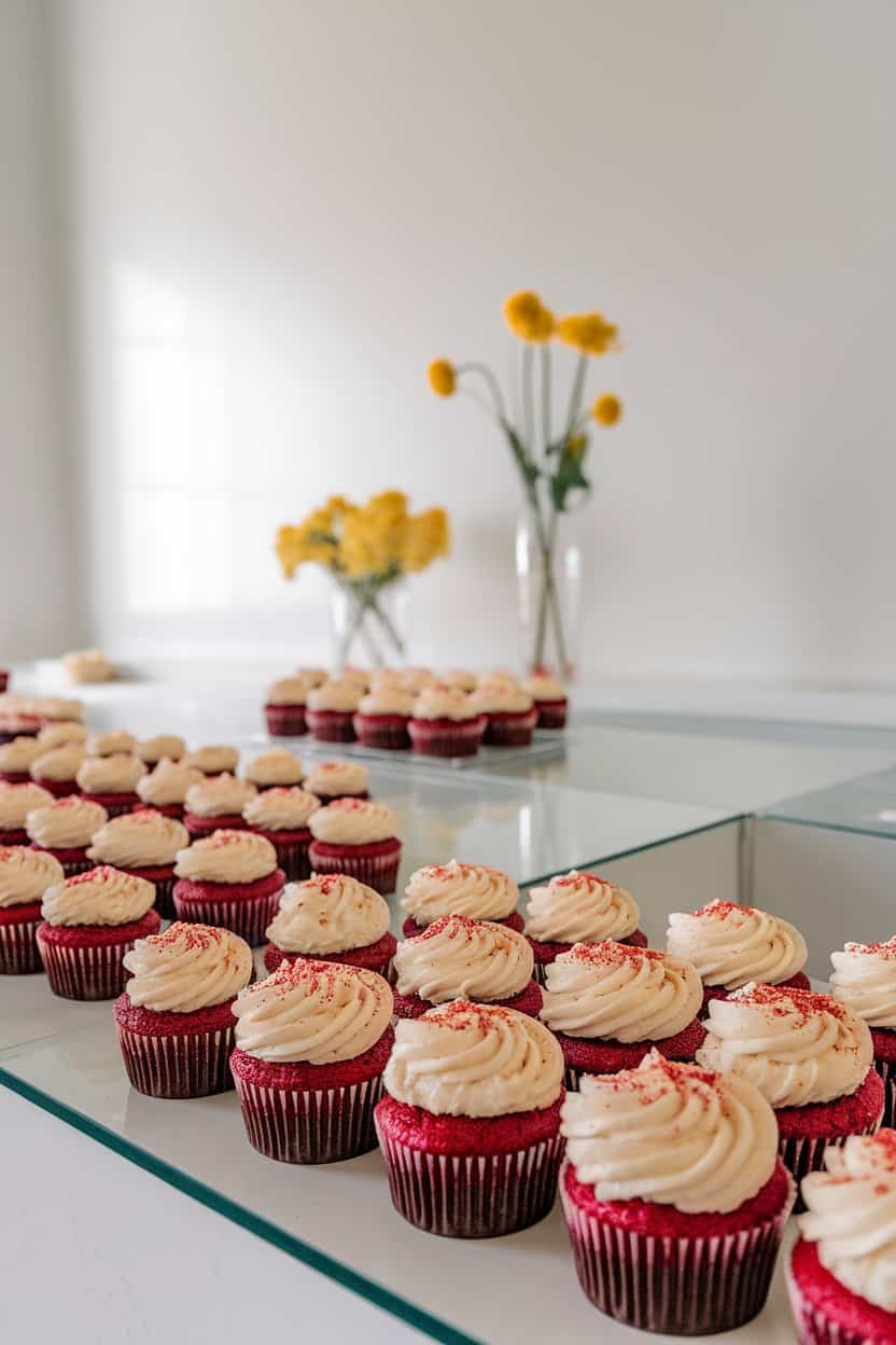 An indoor bakery-style counter displaying red velvet cupcakes swirled high with cream cheese frosting and a sprinkle of red crumbs on top. No logos in view.