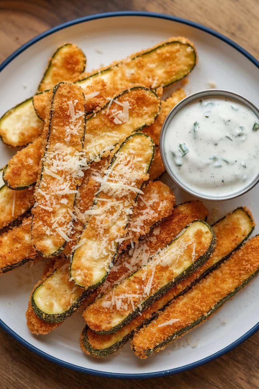 An indoor plate of breaded zucchini fries topped with grated Parmesan and a side of ranch dip, no text or logos.