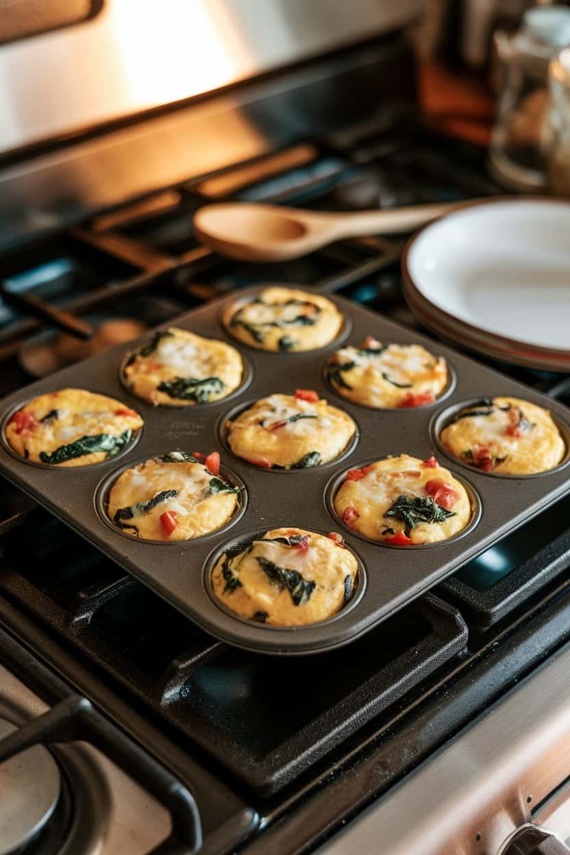 A muffin tin on an indoor stovetop lined with egg frittata bites featuring diced spinach, tomatoes, and cheese. Warm lighting, no logos or text; photo only.