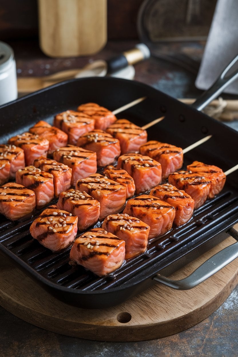 Photo of indoor skewers on a grill pan featuring glazed salmon cubes brushed with honey sriracha, garnished with sesame seeds. No text or logos.