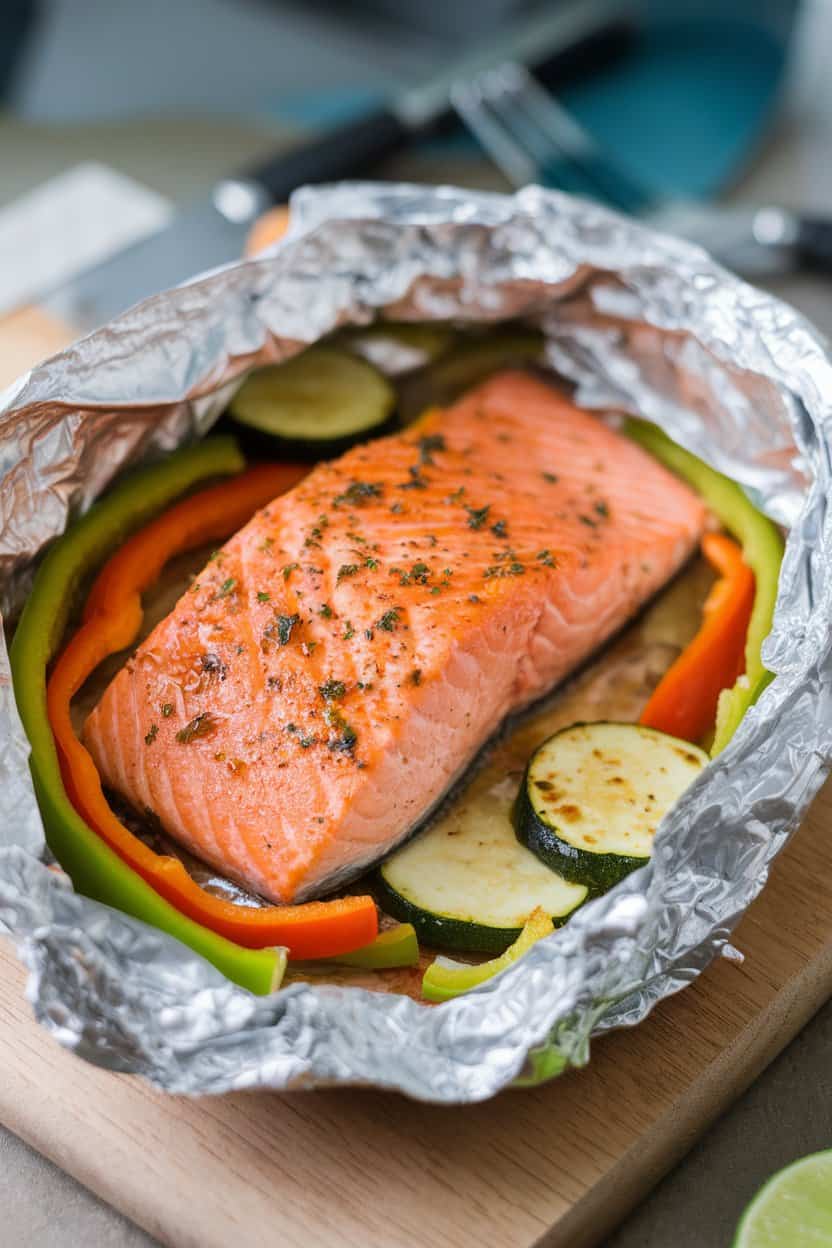 Indoor photo of an opened foil packet revealing cooked salmon fillet with honey-lime glaze, surrounded by bell pepper strips and zucchini coins. No text or logos anywhere.