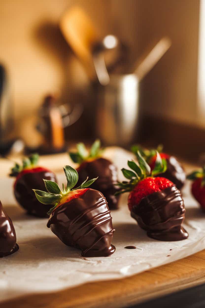 Photo: Close-up of glossy dark chocolate–coated strawberries on parchment inside a warmly lit kitchen, a few berries half-dipped for color contrast. No text or logos present.