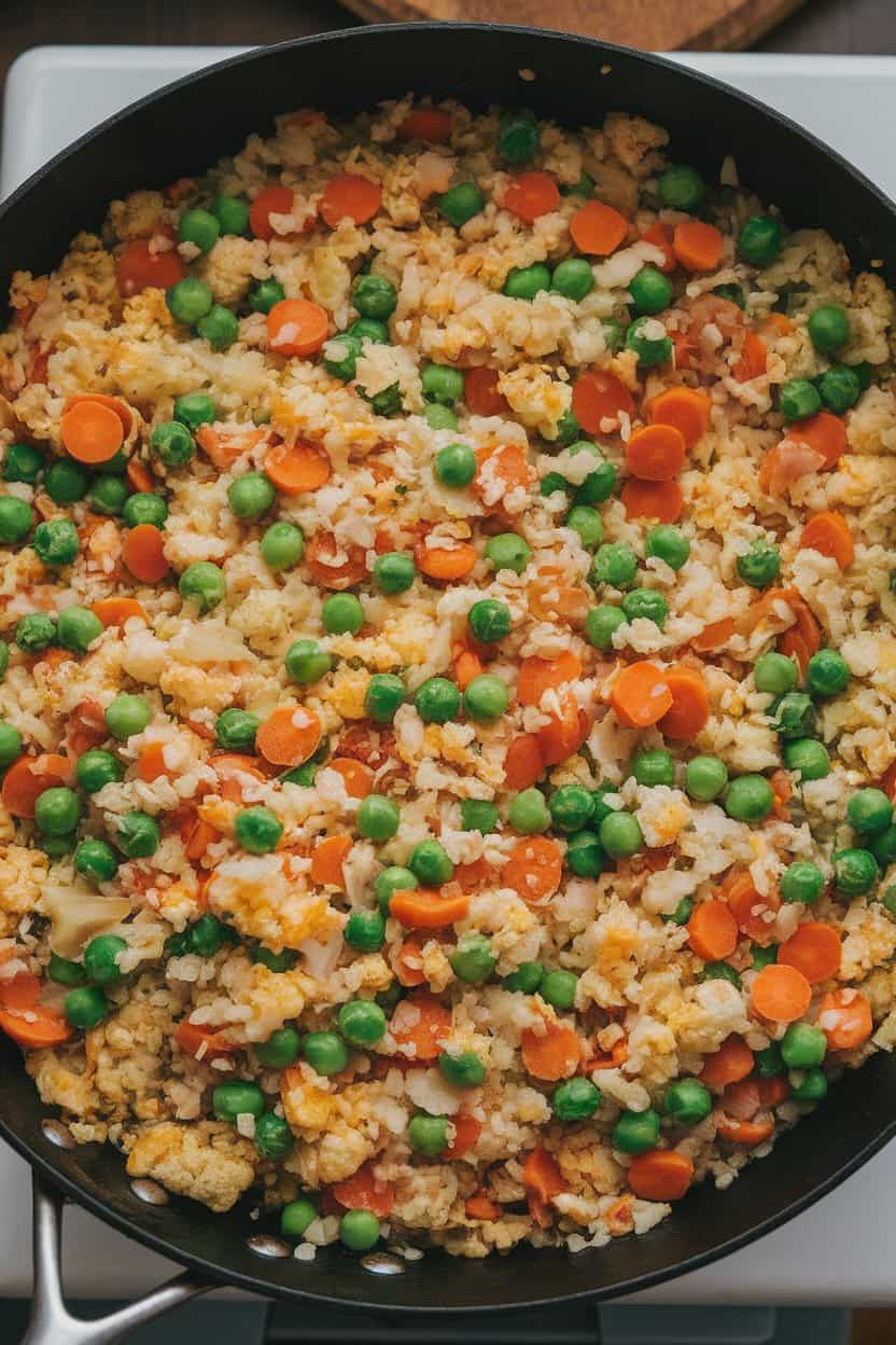 A skillet indoors with riced cauliflower, peas, carrots, and scrambled eggs, soy sauce sheen, no text or logos.