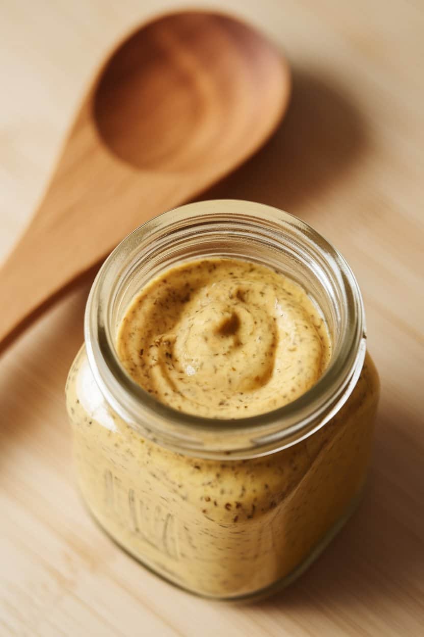 Indoor photo of a small glass jar with grainy mustard, tiny mustard seeds visible, a wooden spoon resting alongside; gentle overhead lighting, no text or logos.