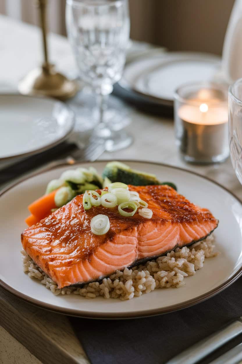 Photo of a plate on an indoor dinner table with broiled salmon sporting a caramelized miso glaze, garnished with sliced scallions. No text or logos.
