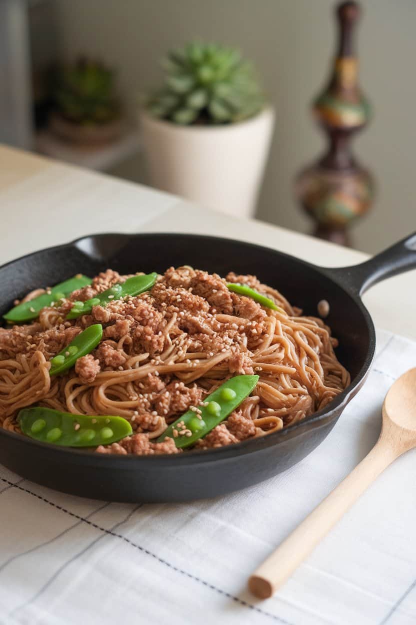 Indoor dining table displaying a skillet of buckwheat soba noodles tossed with ground turkey, snap peas, and sesame seeds. No text or logos.