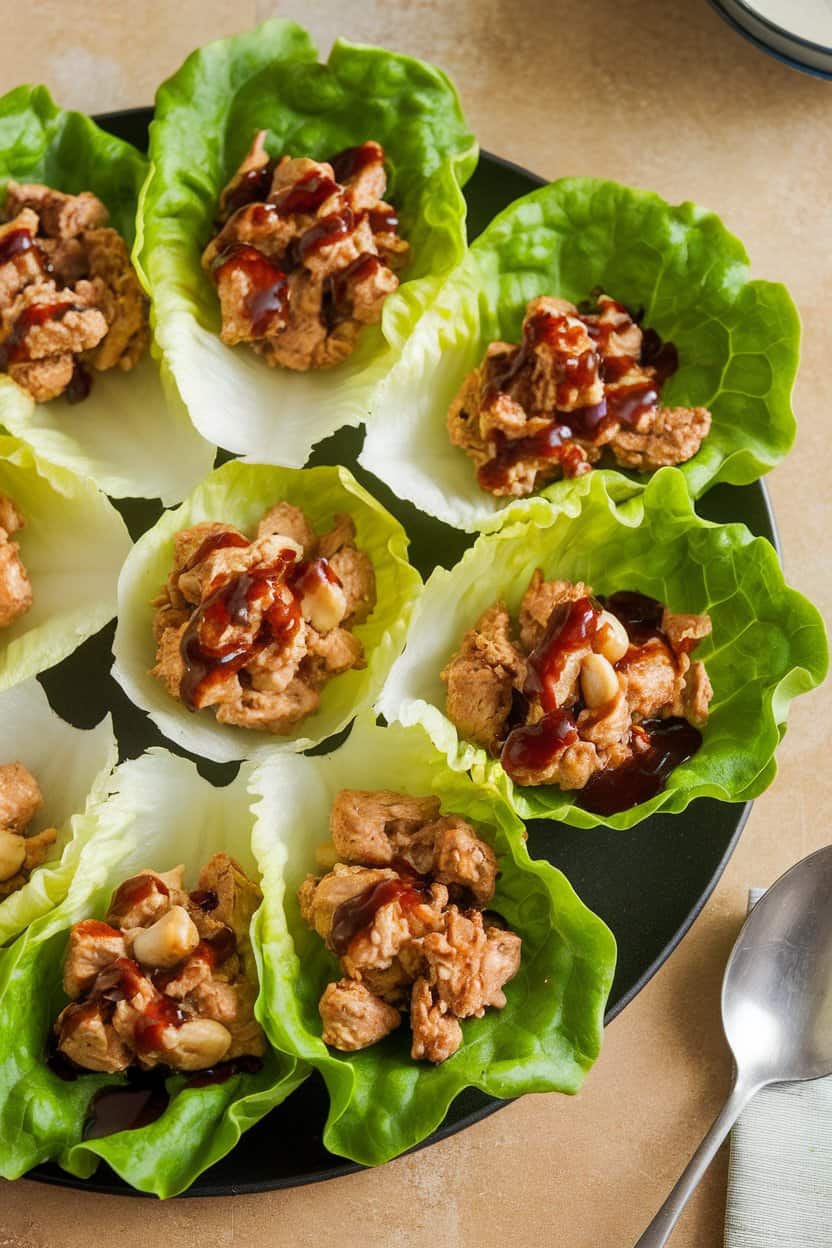 Indoor platter of crisp lettuce cups filled with minced chicken, water chestnuts, and hoisin glaze, no text or logos.