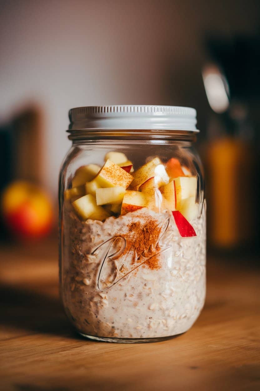 Indoor photo of a mason jar layered with overnight oats, diced apples, and a sprinkle of cinnamon; morning countertop light, no text or logos