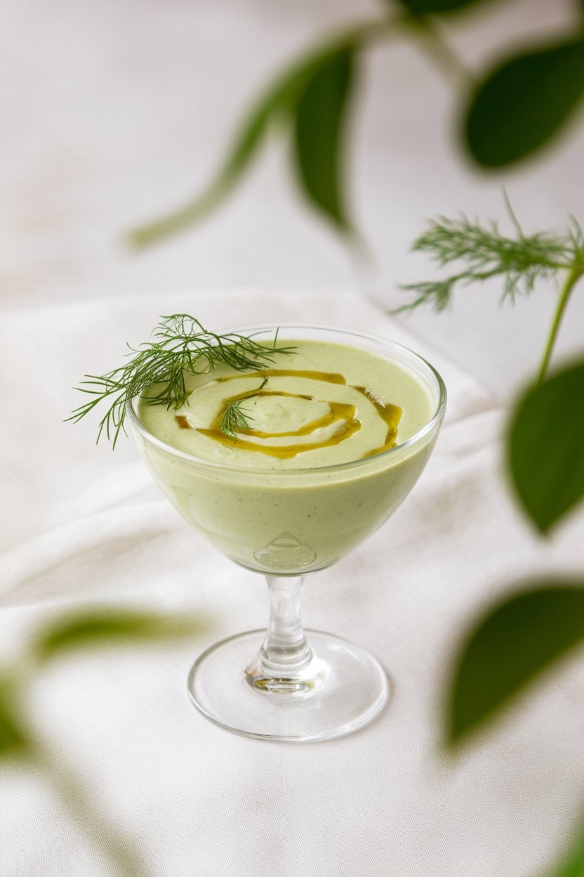Indoor photo of pale green cucumber yogurt soup in a glass coupe, topped with dill fronds and a drizzle of olive oil. No text or logos.