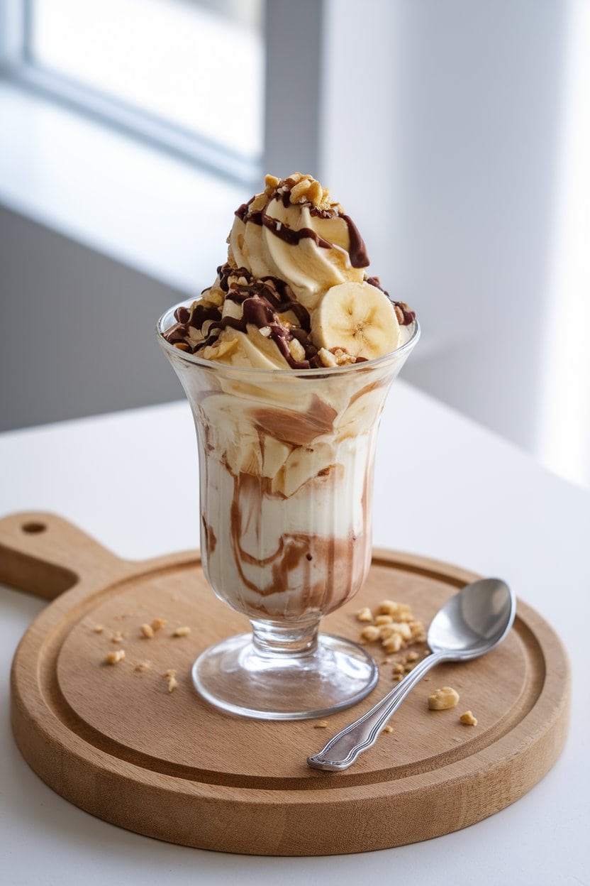 Indoor photo of a tall glass sundae dish filled with swirled banana nice cream, chocolate drizzle, and crushed nuts. Bright kitchen lighting, no text or logos.