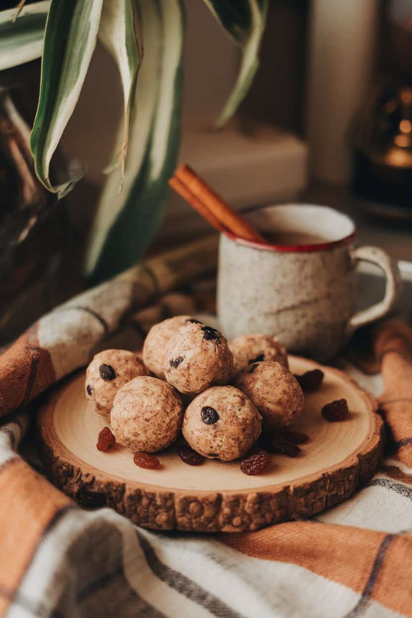 Cozy indoor setting showing cinnamon-flecked protein balls dotted with plump raisins on a small wooden board. No text or logos. Photo, not illustration.