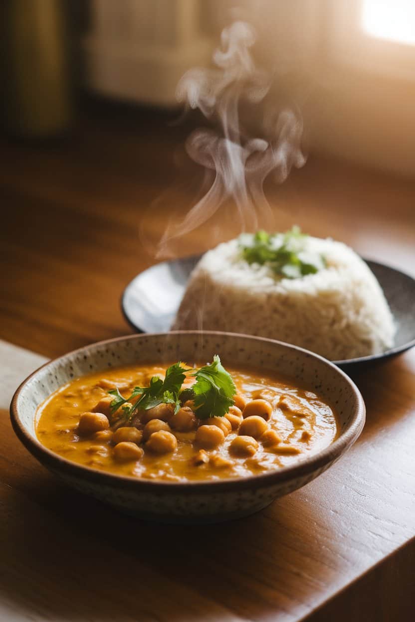 A warmly lit indoor kitchen table with a shallow bowl of golden coconut chickpea curry next to a mound of fluffy basmati rice, fresh cilantro sprinkled on top, gentle steam wafting upward, no text or logos.