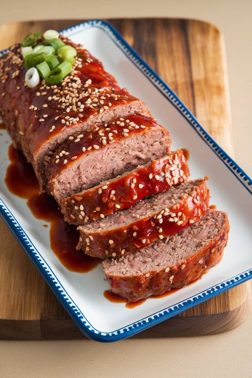 Indoor platter of sliced meatloaf brushed with deep-red gochujang glaze, sprinkled with sesame seeds and green onions. No text or logos. Photo only.