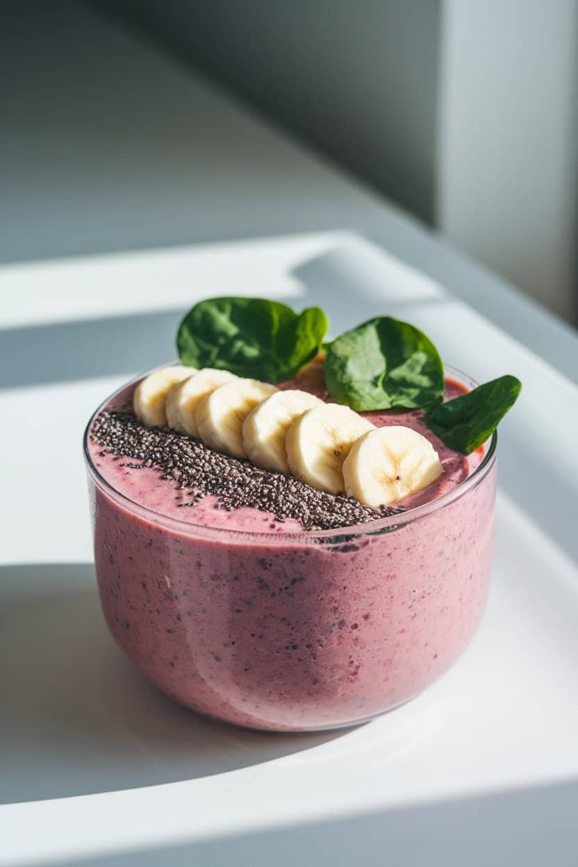 Indoor photo of a bowl of thick berry smoothie topped with sliced bananas, chia seeds, and baby spinach leaves; bright morning light, no text or logos