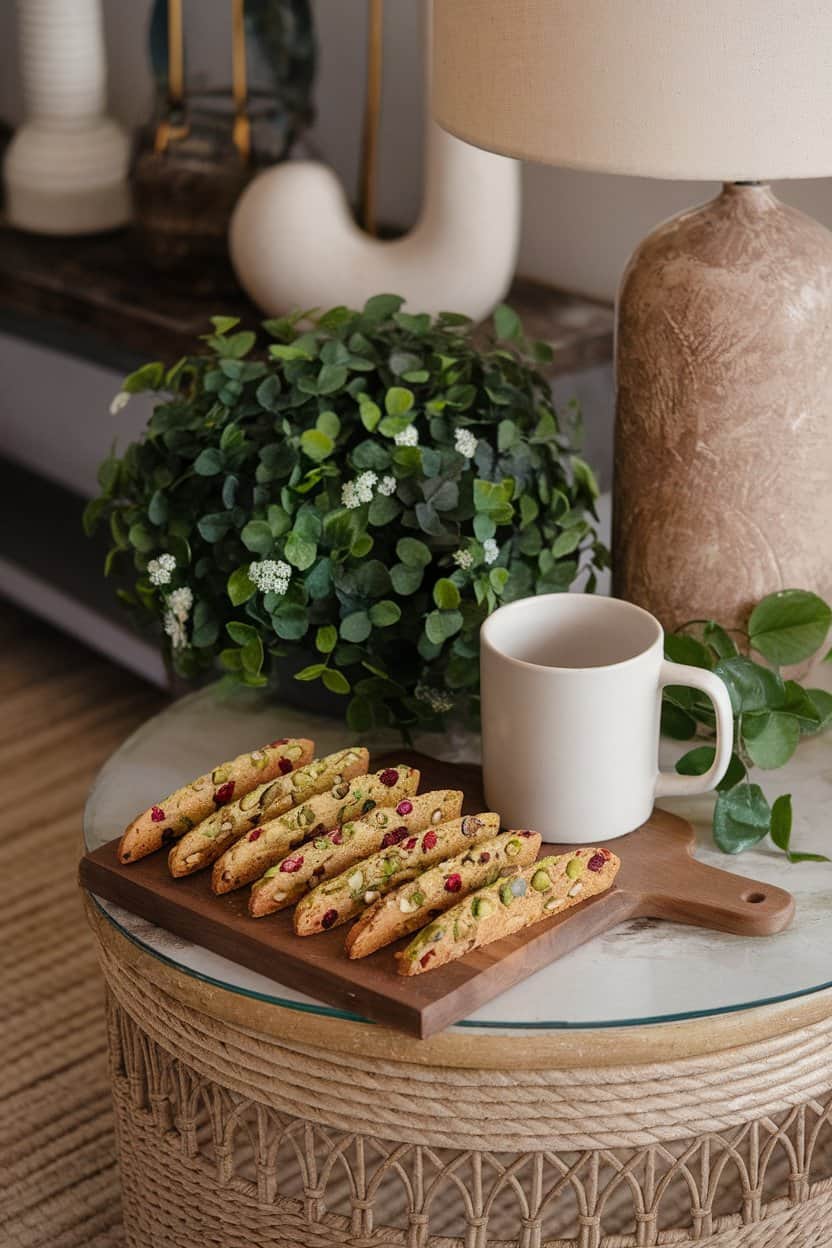 An indoor coffee table scene with a mug beside angled biscotti studded with green pistachios and red cranberries; no text or logos.