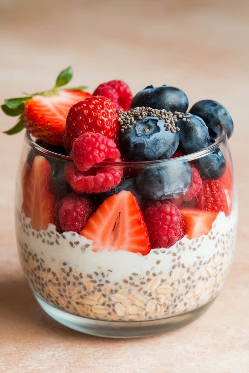 Indoor photo of layered oats and mixed berries—strawberries, blueberries, raspberries—topped with chia seeds; no text or logos.