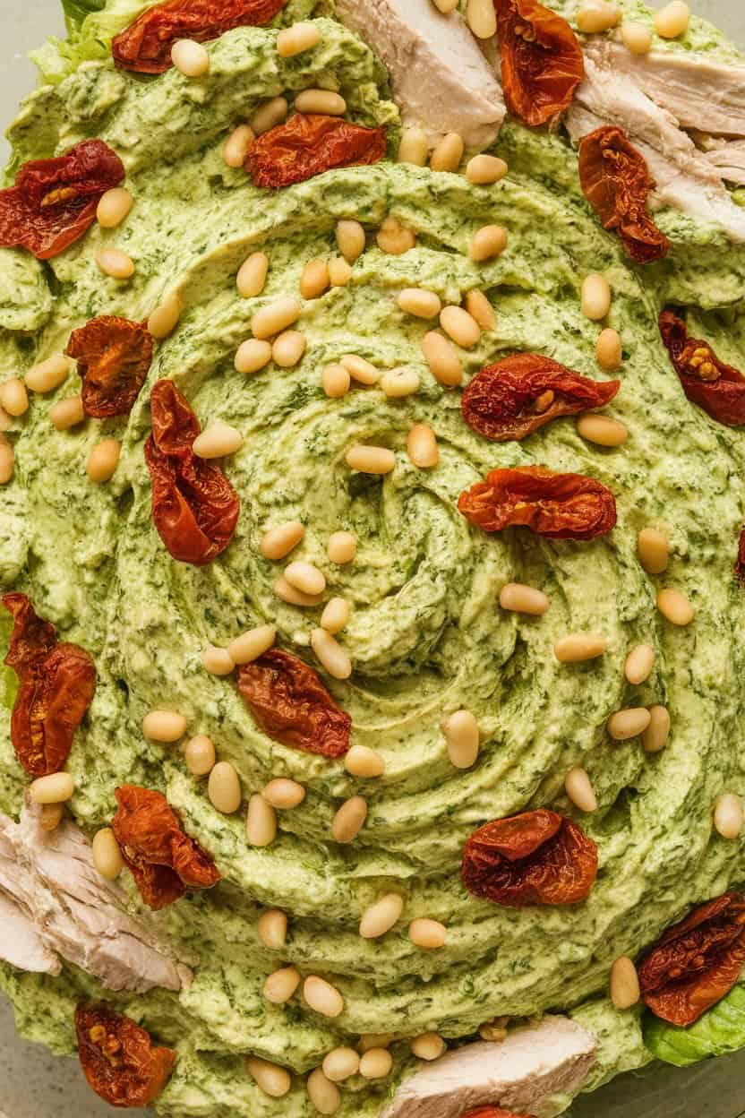 Indoor photo of green-tinted chicken salad swirled with basil pesto and dotted with sun-dried tomatoes, garnished with pine nuts, neutral background—no text or logos