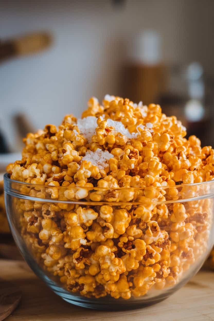 Close-up indoor photo of a large bowl brimming with glossy salted caramel popcorn, flecks of sea salt visible. No text or logos in frame.