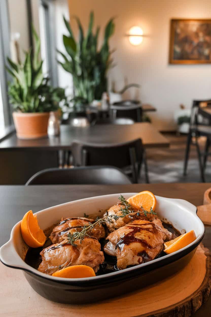 Indoor dining area displaying a shallow dish of chicken thighs coated in dark balsamic glaze, sprigs of thyme for garnish. Photo only, no branding.