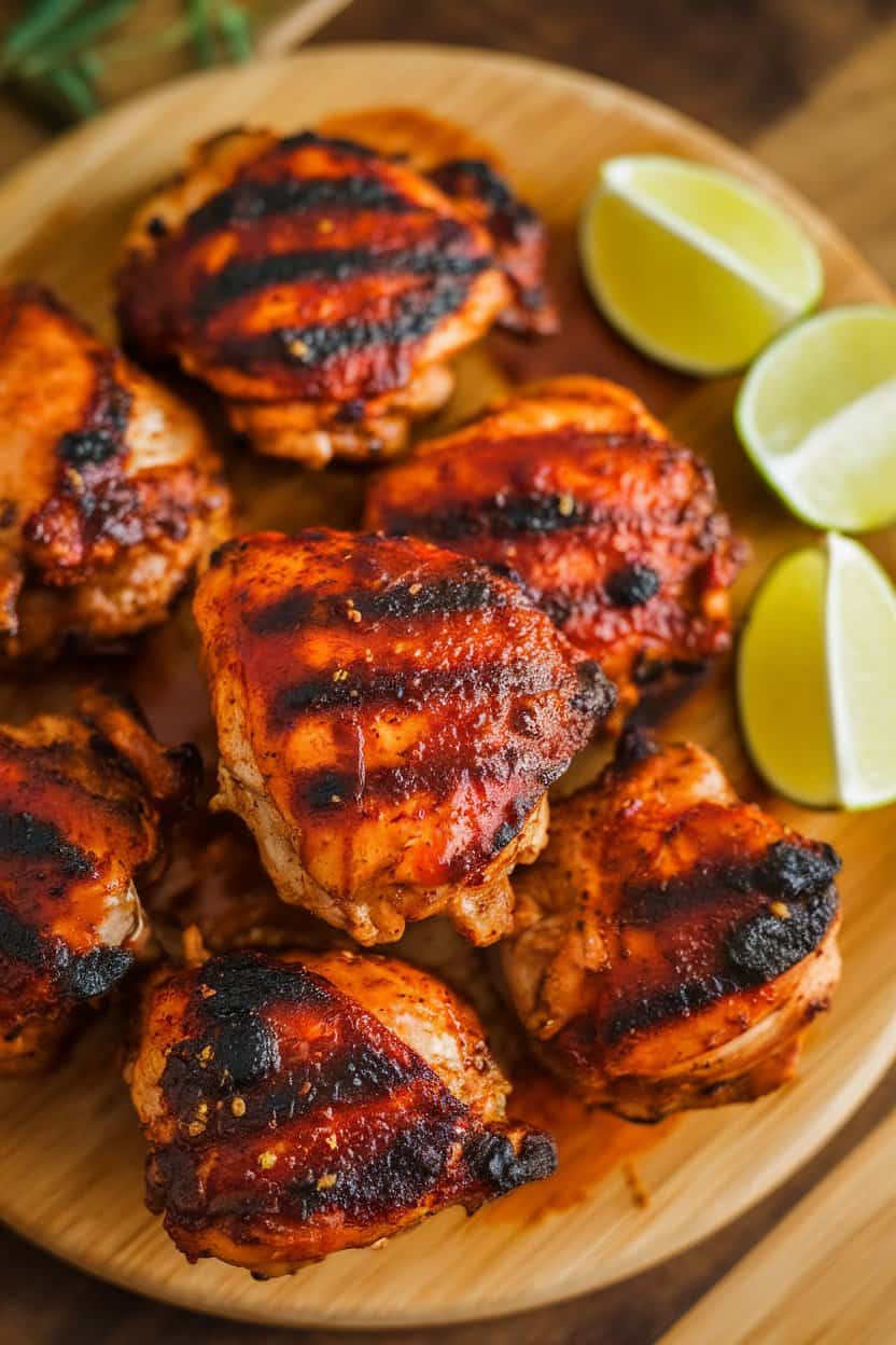 Indoor platter of spicy jerk chicken thighs, charred edges visible, lime wedges on the side, no text or logos.