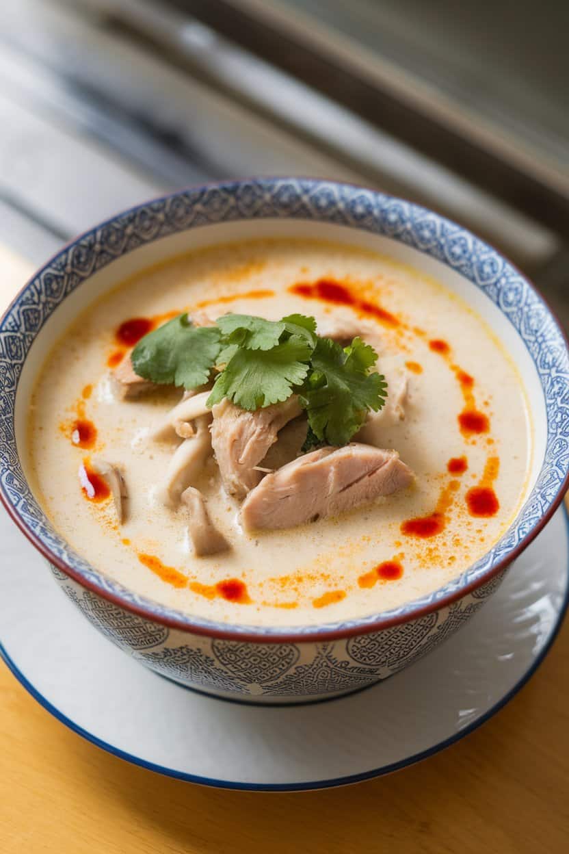 An indoor table with a porcelain bowl of creamy coconut chicken soup, red chili oil droplets, mushrooms, and cilantro; no text or logos.