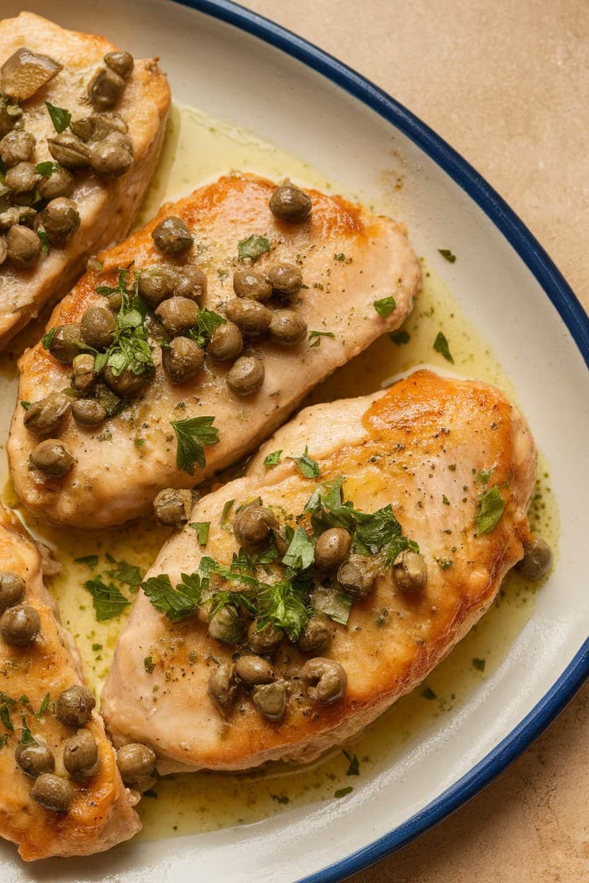 Indoor shot of sautéed chicken cutlets on a ceramic platter, glossy with lemon-capers sauce and garnished with parsley; no text or logos present.