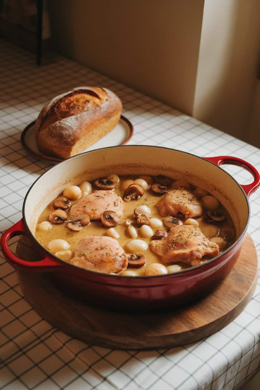 Indoor kitchen table displaying a Dutch oven with chicken thighs in pale wine sauce dotted with mushrooms and pearl onions. No logos, photographed.