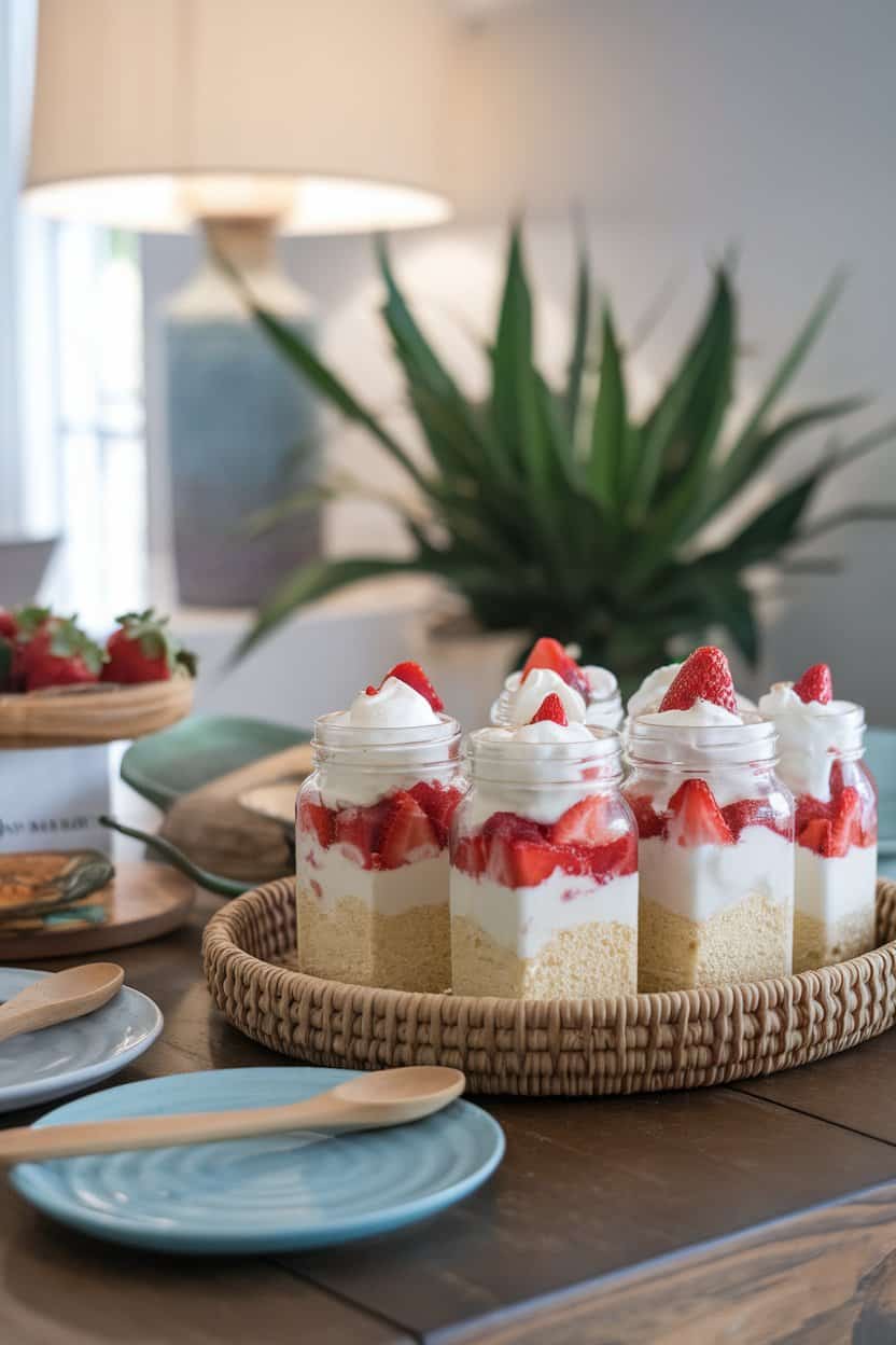 An indoor dining table adorned with small mason jars layered with angel food cake cubes, macerated strawberries, and whipped cream. No visible text or logos.
