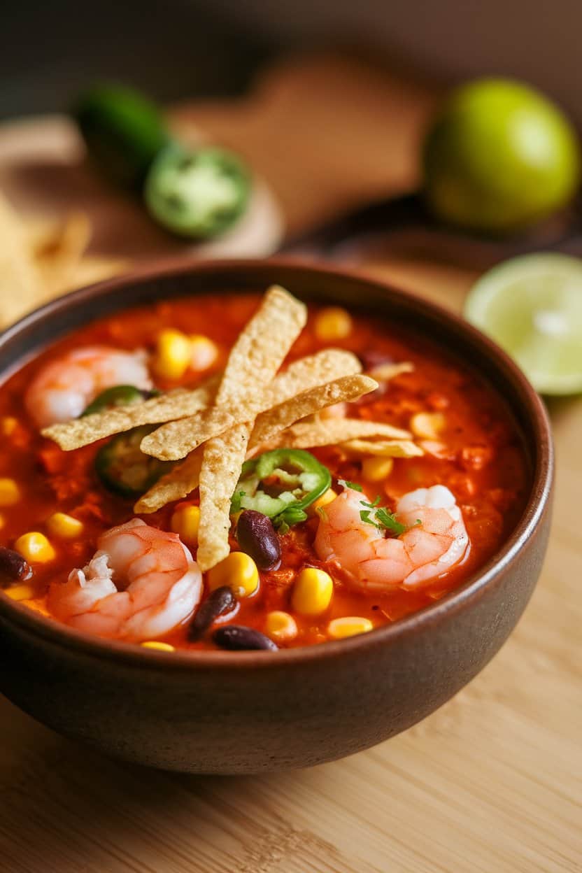 Indoor soup bowl filled with tomato-based broth, shrimp, corn, and black beans, topped with crispy tortilla strips. No text or logos in scene.