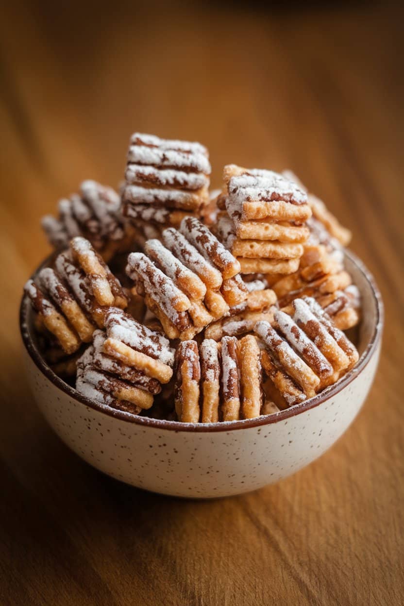 Indoor close-up of a bowl filled with chocolate-peanut butter coated cereal cubes dusted in powdered sugar, no logos or text.