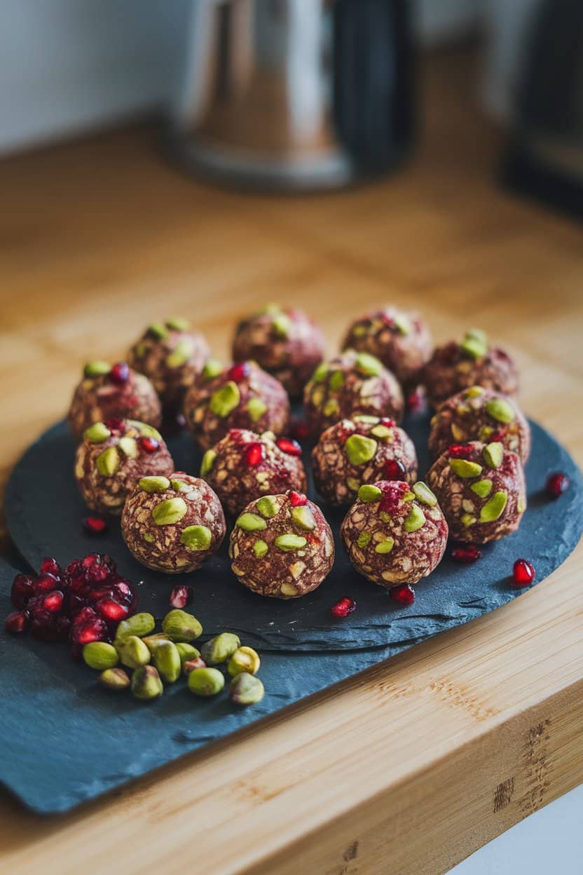 An indoor wooden countertop with a slate board holding round energy bites studded with green pistachios and ruby pomegranate arils; diffused lighting; no text or logos.