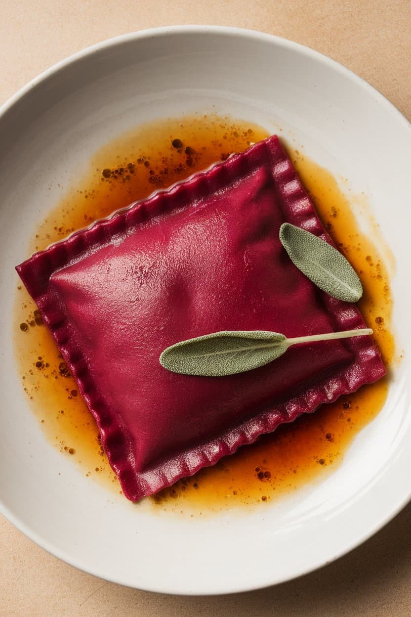 Indoor photo of handmade ravioli tinted pink from beets, golden brown-butter sauce with sage leaves pooling underneath, no text or logos