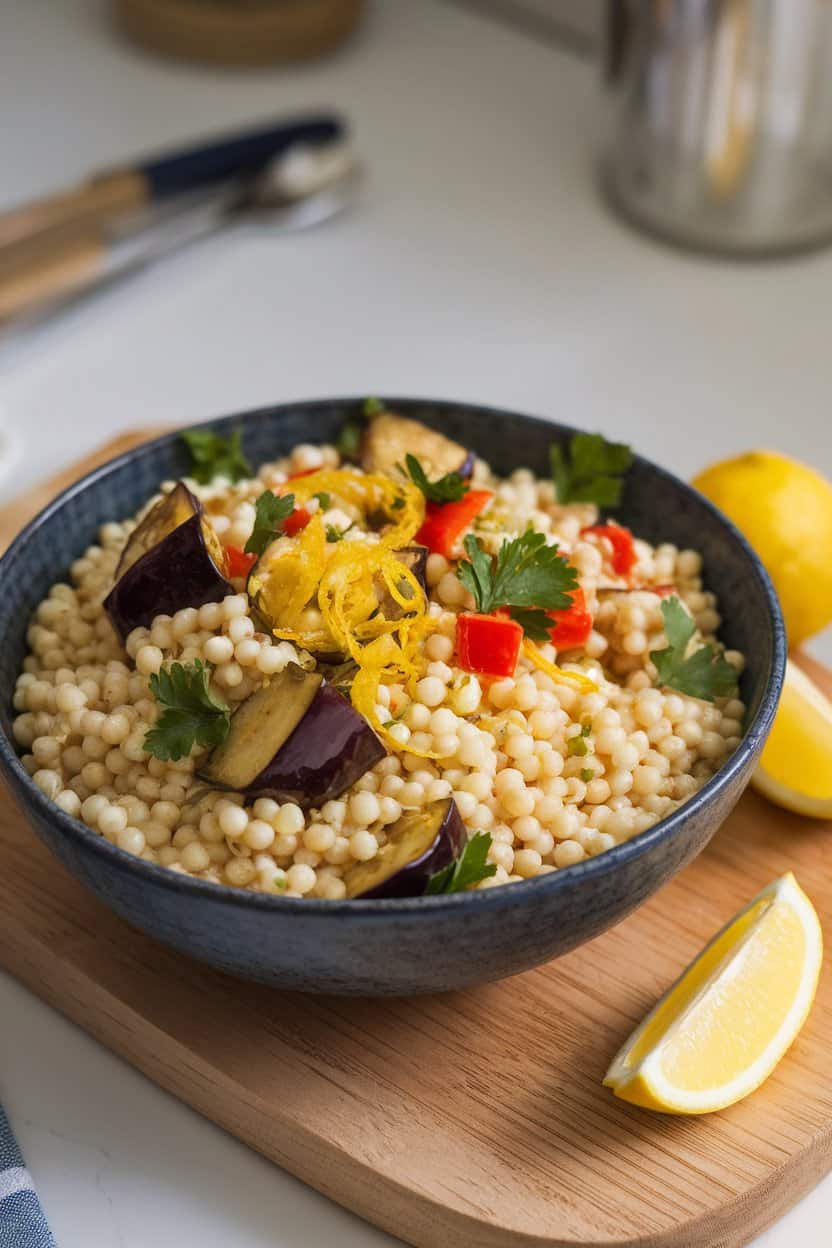 Photo of an indoor countertop with a deep bowl of pearl couscous mixed with golden roasted eggplant cubes, diced red pepper, parsley, and lemon zest. No text or logos.