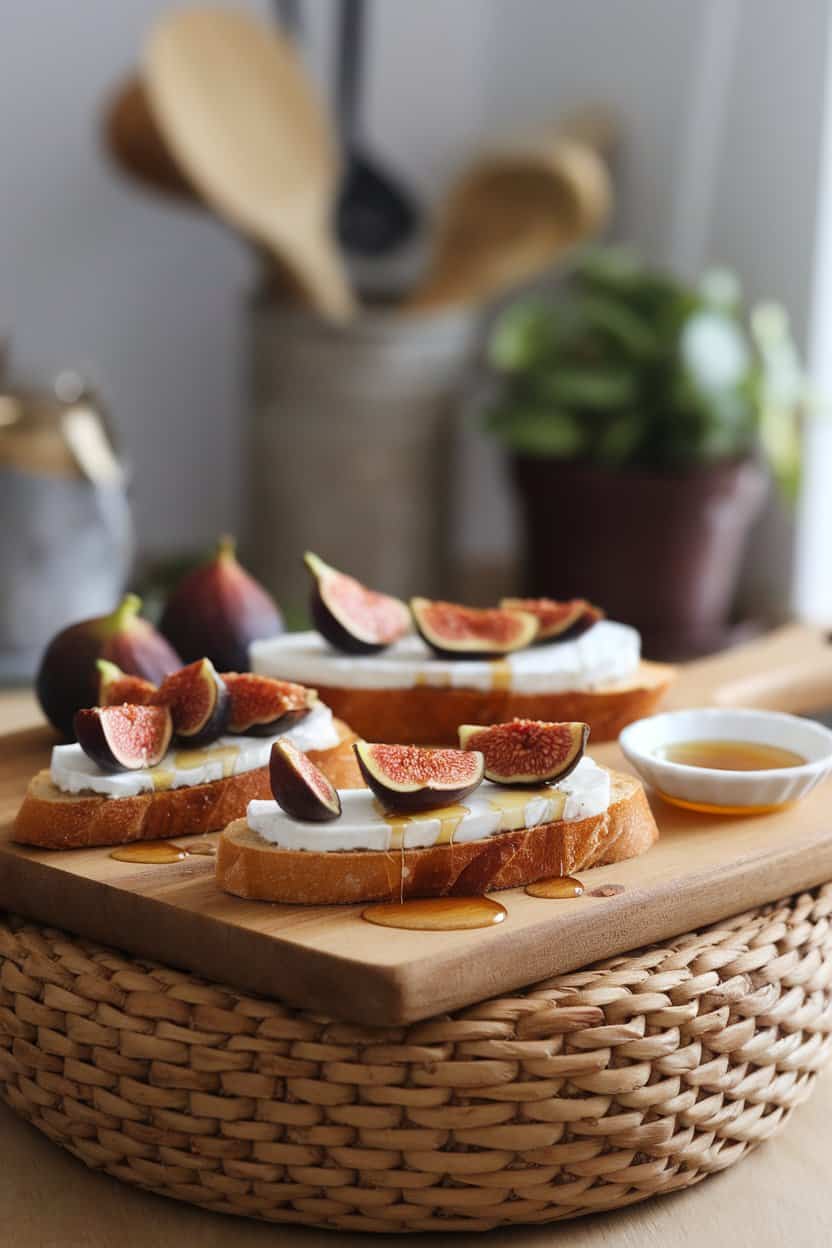 An indoor setting with toasted baguette slices topped with melted Brie, sliced figs, and a drizzle of honey glistening under soft light. No text or logos.