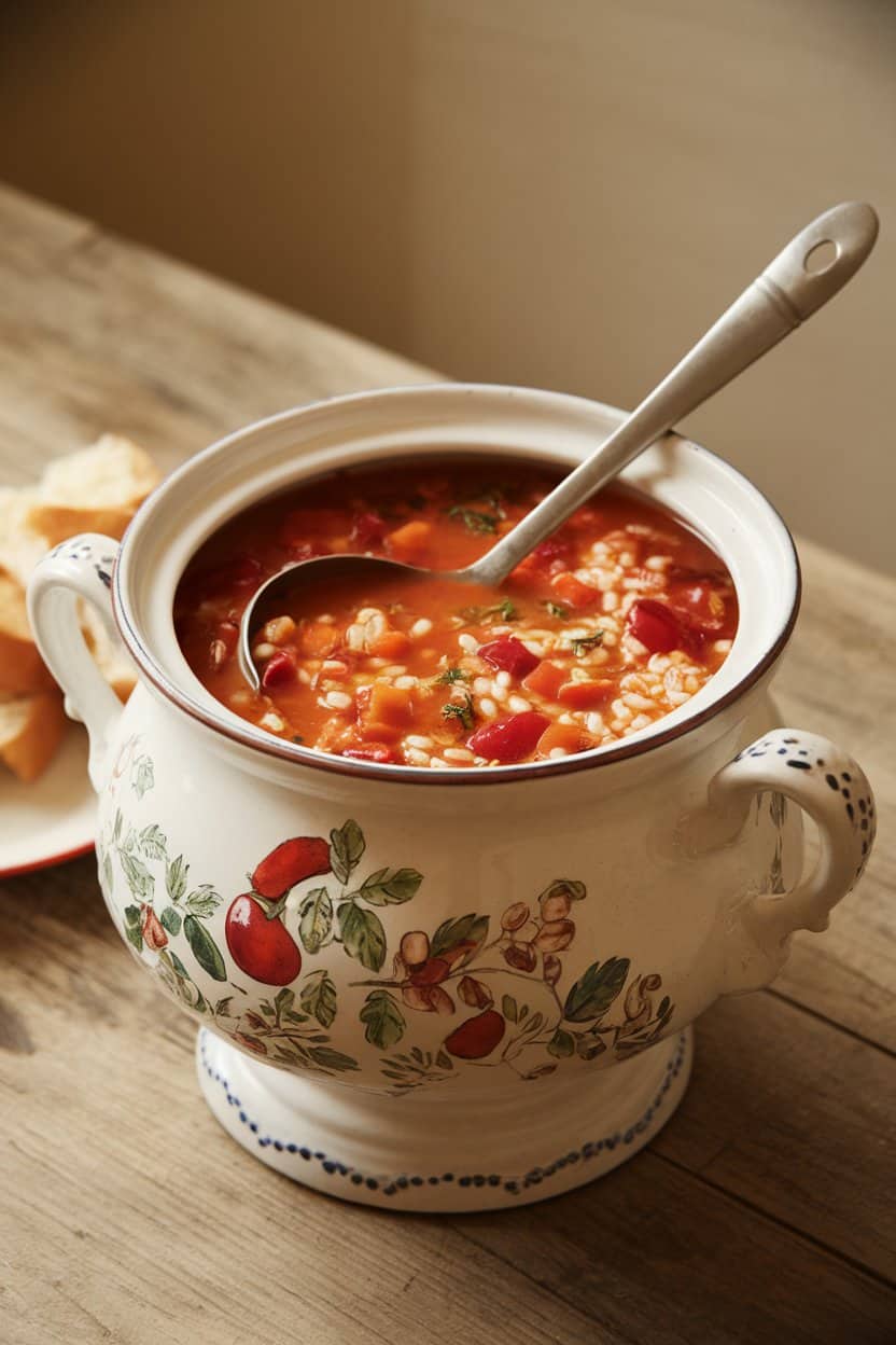 Indoor photo of a soup tureen containing chunky pepper and rice soup, a ladle resting inside—soft kitchen lighting, no logos