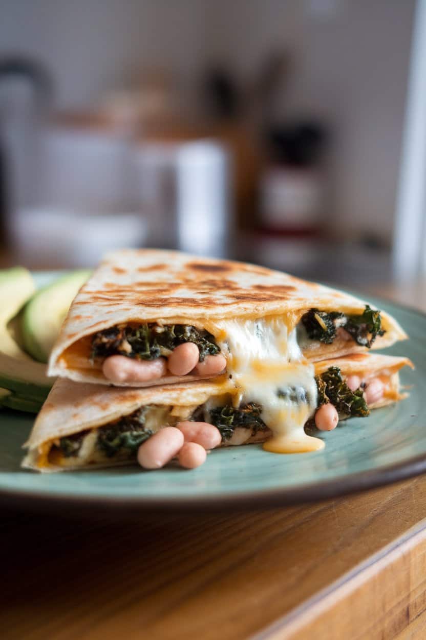 Photo of a quesadilla triangle on an indoor plate oozing melted cheese, white beans, and sautéed kale, avocado slices on the side. No text or logos.