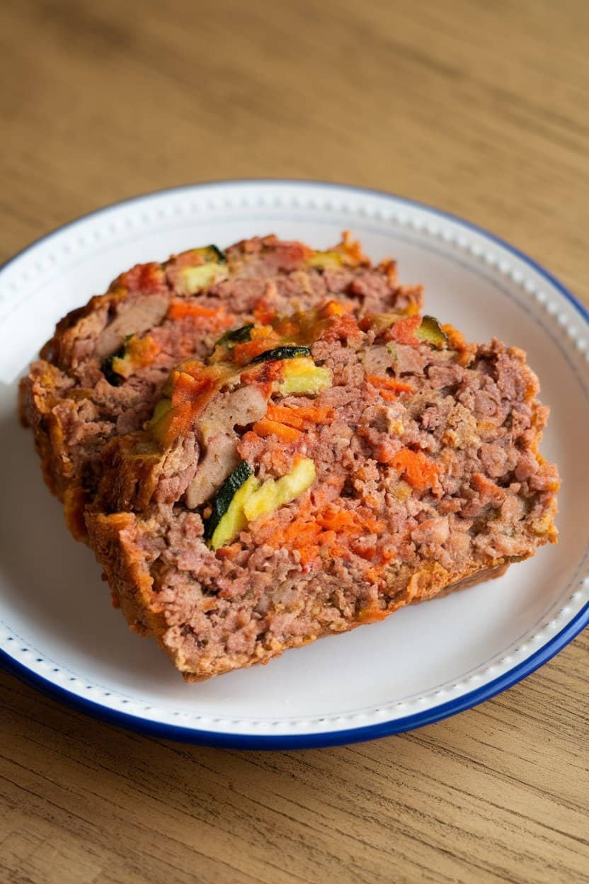 Indoor slice of meatloaf showing colorful bits of zucchini and carrot, kid-friendly presentation on a white plate. No text or logos. Photo only.