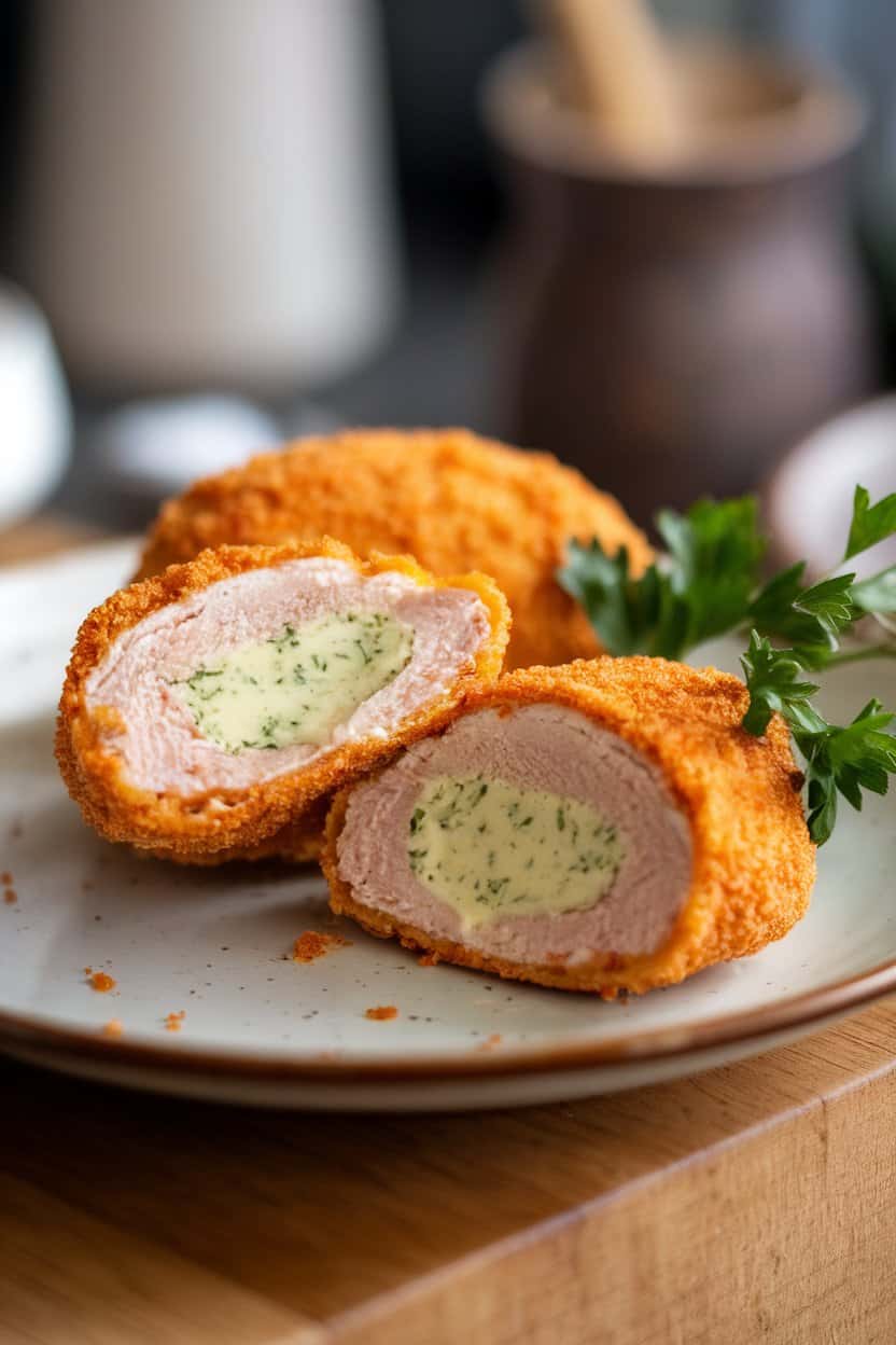 Indoor plate showcasing a breaded chicken Kiev cut open, herb butter oozing out, parsley garnish, no text or logos.