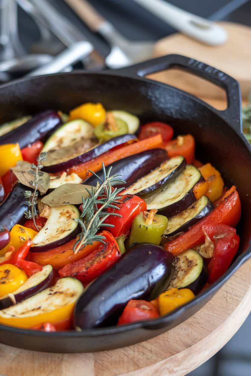 Indoor photo of a colorful ratatouille featuring eggplant, zucchini, tomatoes, and bell peppers in a cast-iron skillet; no text or logos