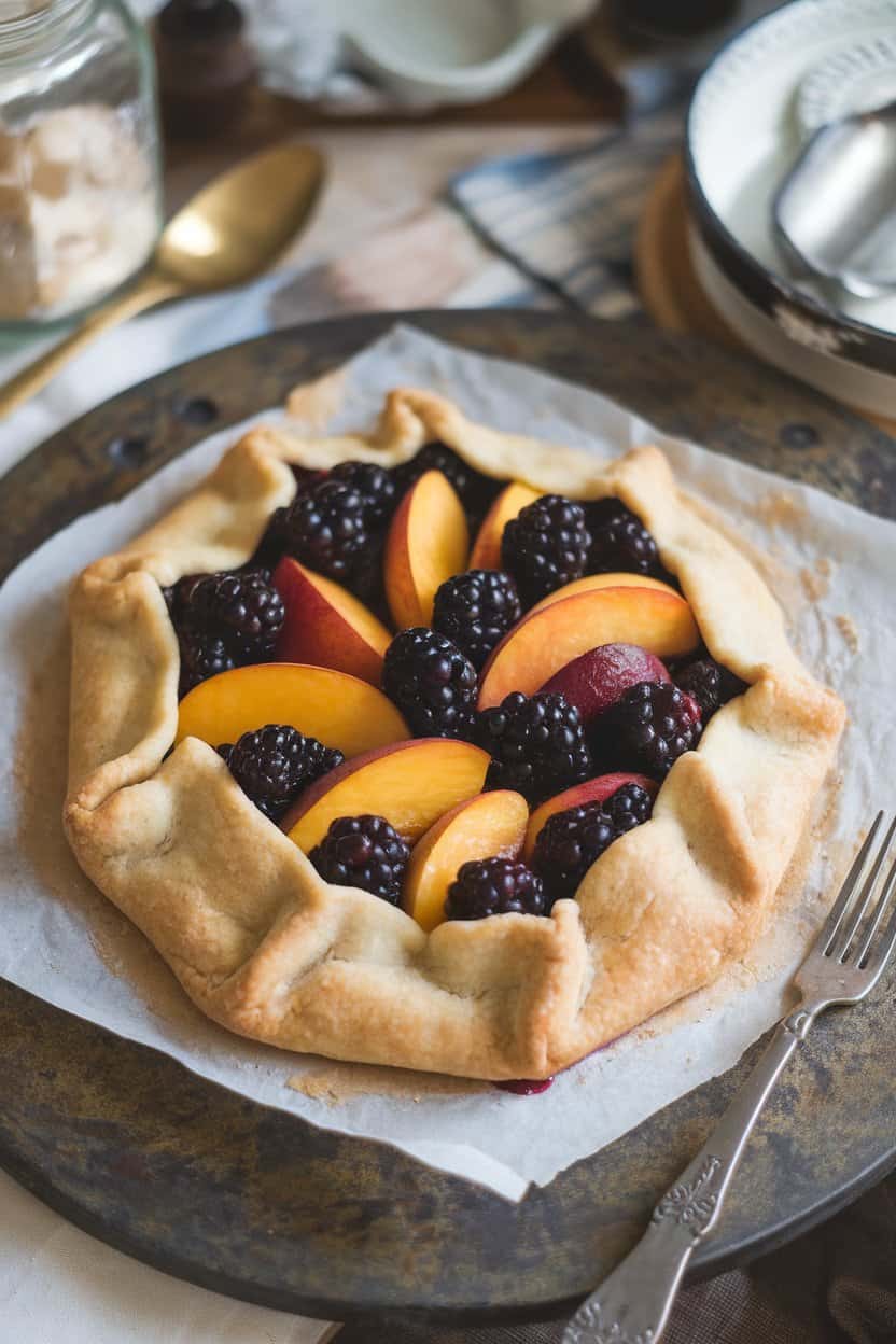 A rustic indoor pie board displaying a free-form galette filled with peaches and blackberries, crust edges golden and flaky. No text or logos present.