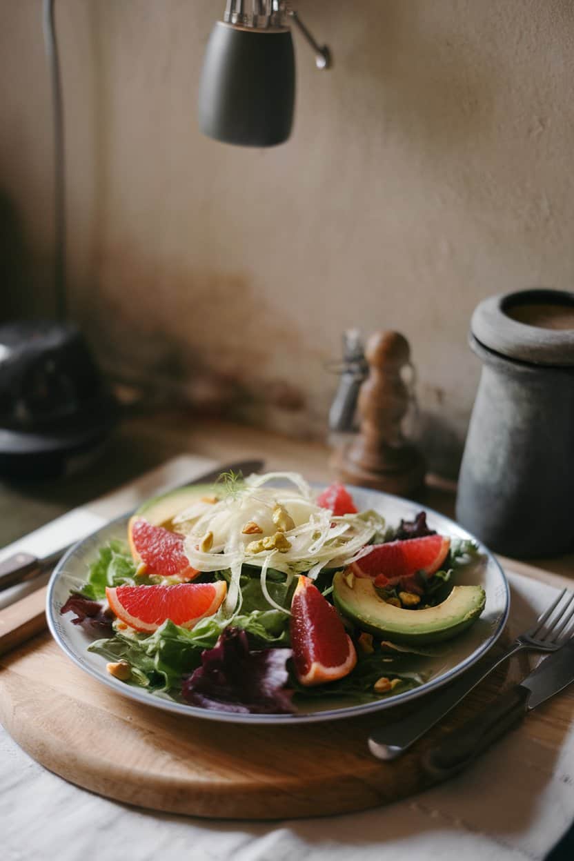 Photo of a softly lit indoor scene featuring a plate of mixed greens topped with blood orange wedges, avocado slices, thin fennel shavings, and pistachios, lightly drizzled. No text or logos anywhere.