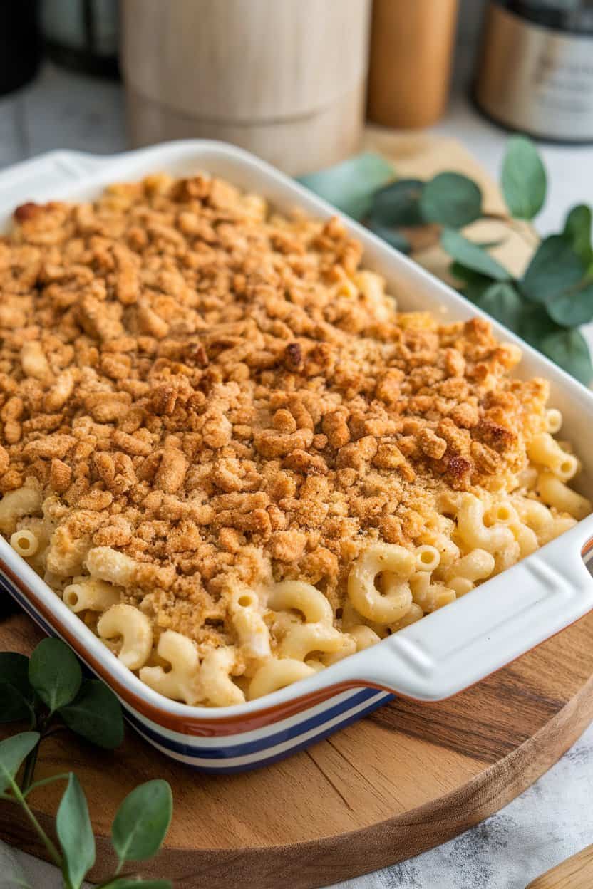 Indoor casserole dish with elbow macaroni cloaked in creamy cashew sauce, breadcrumb topping lightly browned, no text or logos.