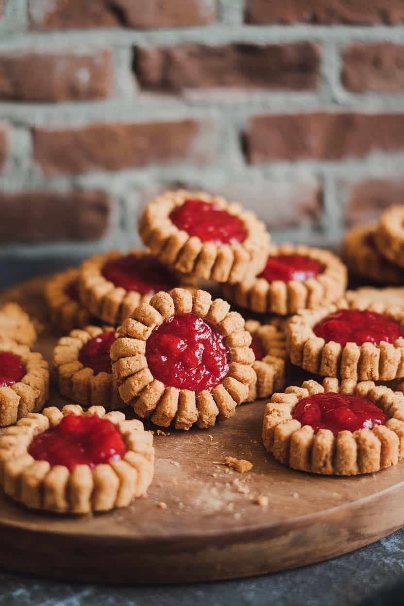 Indoor photo of vegan peanut butter thumbprint cookies filled with vibrant strawberry jam, no text or logos