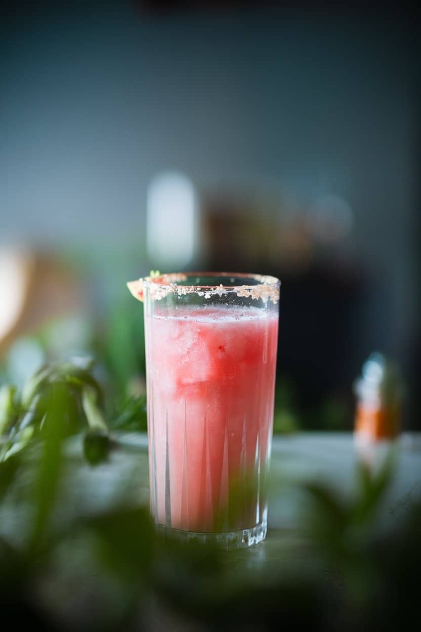 Indoor photo of a pink watermelon drink in a tall glass with a tiny pinch of flaky salt visible on the rim; no text or logos.